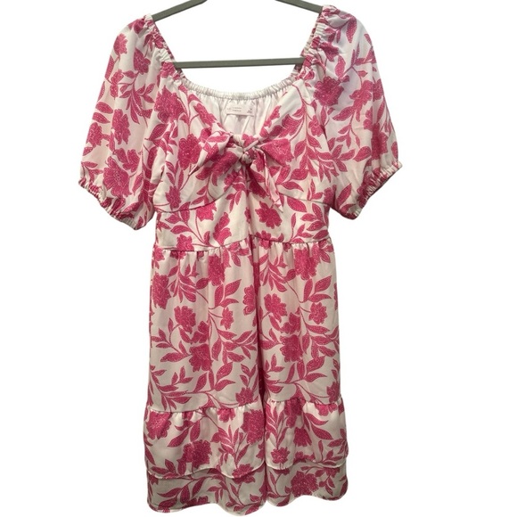 LC Lauren Conrad Short Puff Sleeve PinkFloral Mini Dress Tie Front Milkmade Sz M - Picture 1 of 9
